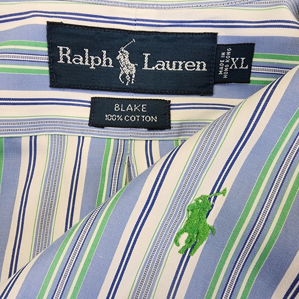 Ralph Lauren Mens XL Blue Green Striped Blake Long Sleeve Button Shirt **FLAW**‎